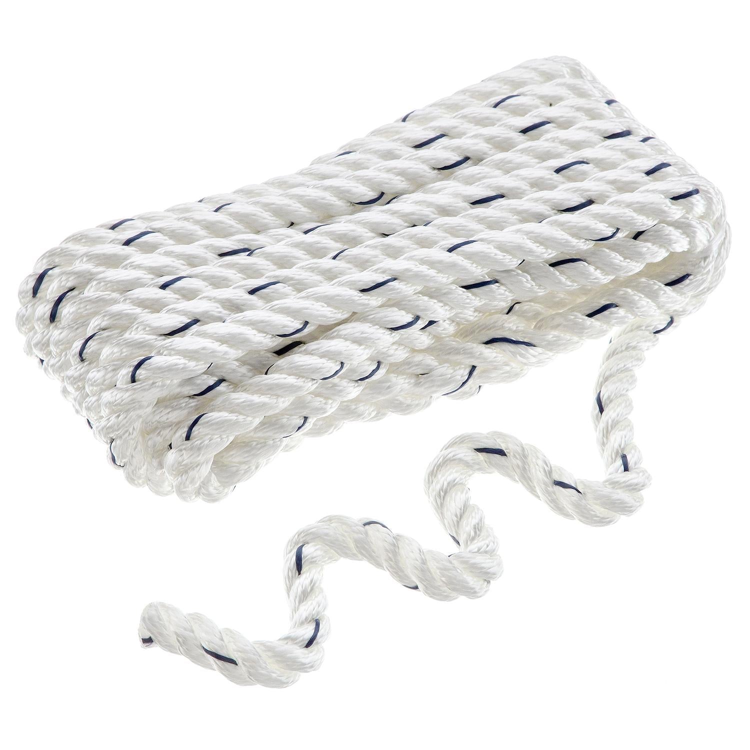 Premium 3-Strand Twisted Nylon Dock Line, White w/ Blue Tracer, 1/2in x 30ft