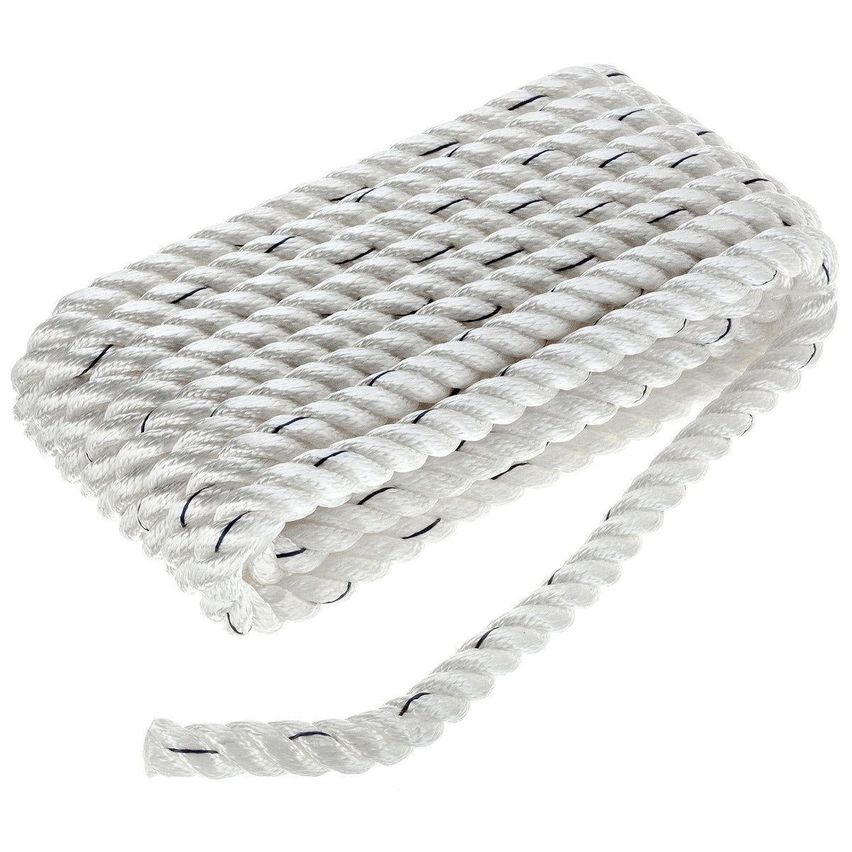 Premium 3-Strand Twisted Nylon Dock Line, White w/ Blue Tracer, 5/8in x 20ft