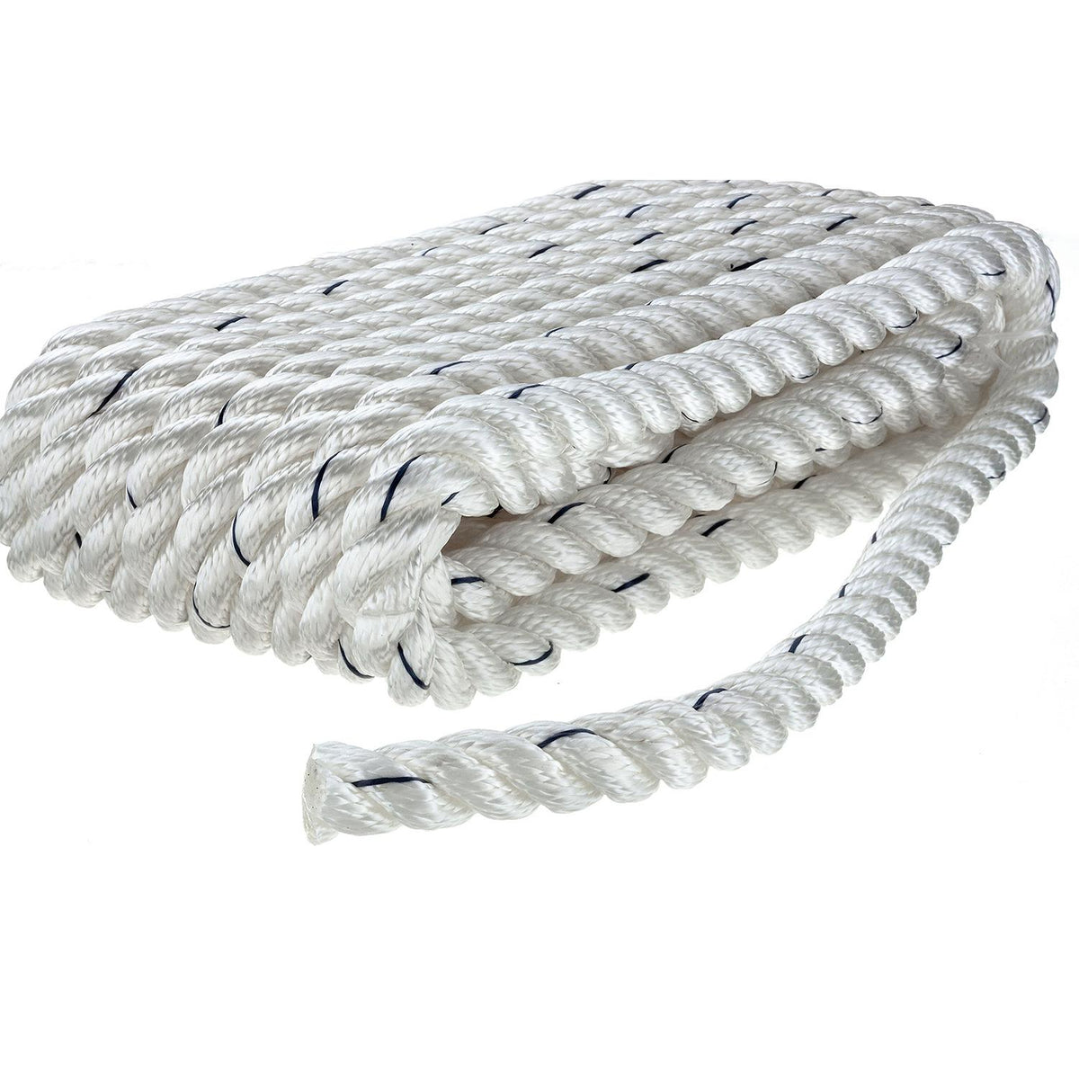 Premium 3-Strand Twisted Nylon Dock Line, White w/ Blue Tracer, 5/8in x 25ft