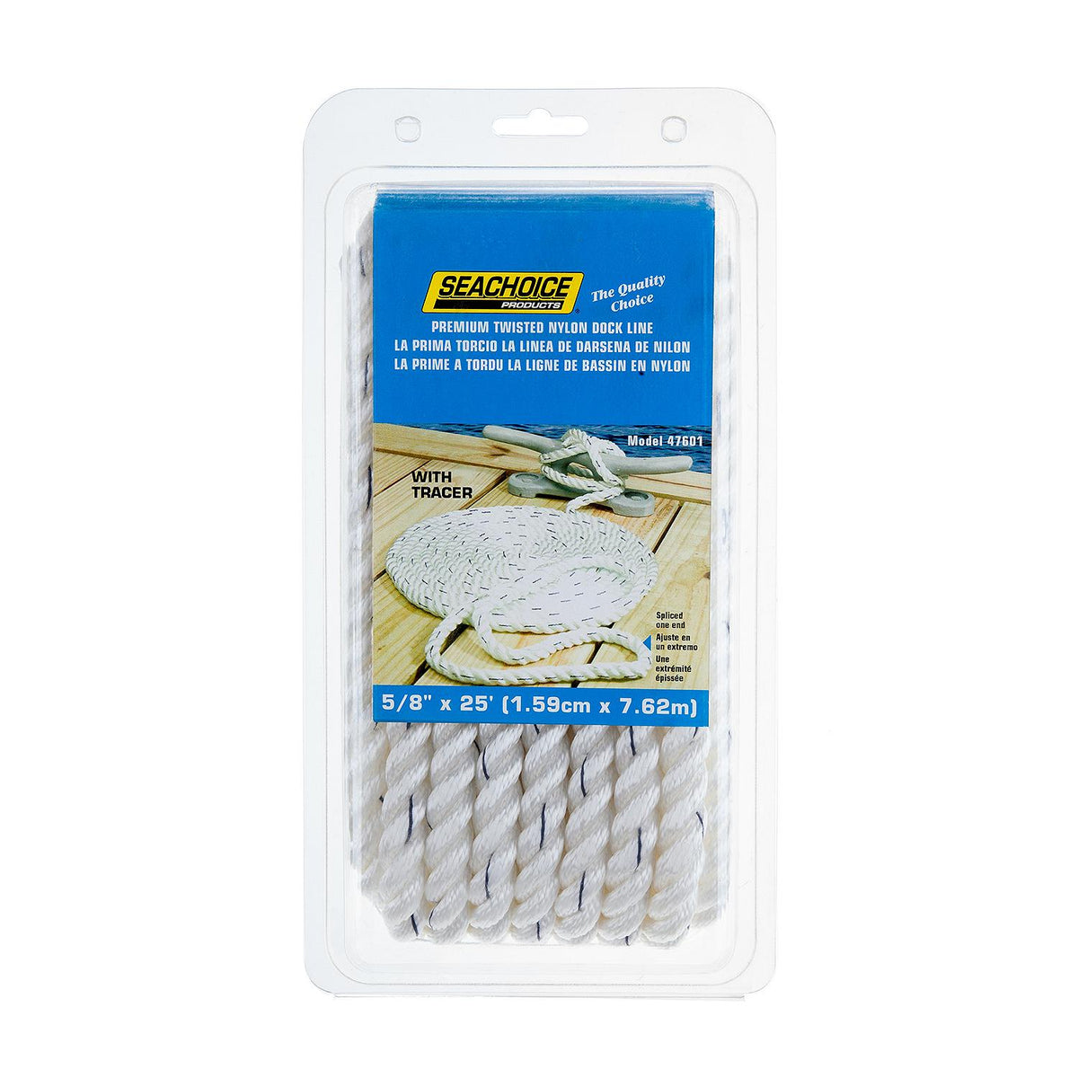 Premium 3-Strand Twisted Nylon Dock Line, White w/ Blue Tracer, 5/8in x 25ft