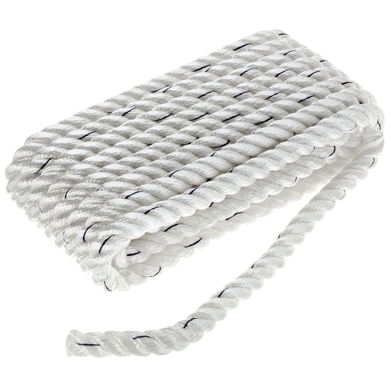 Premium 3-Strand Twisted Nylon Dock Line, White w/ Blue Tracer, 5/8in x 30ft
