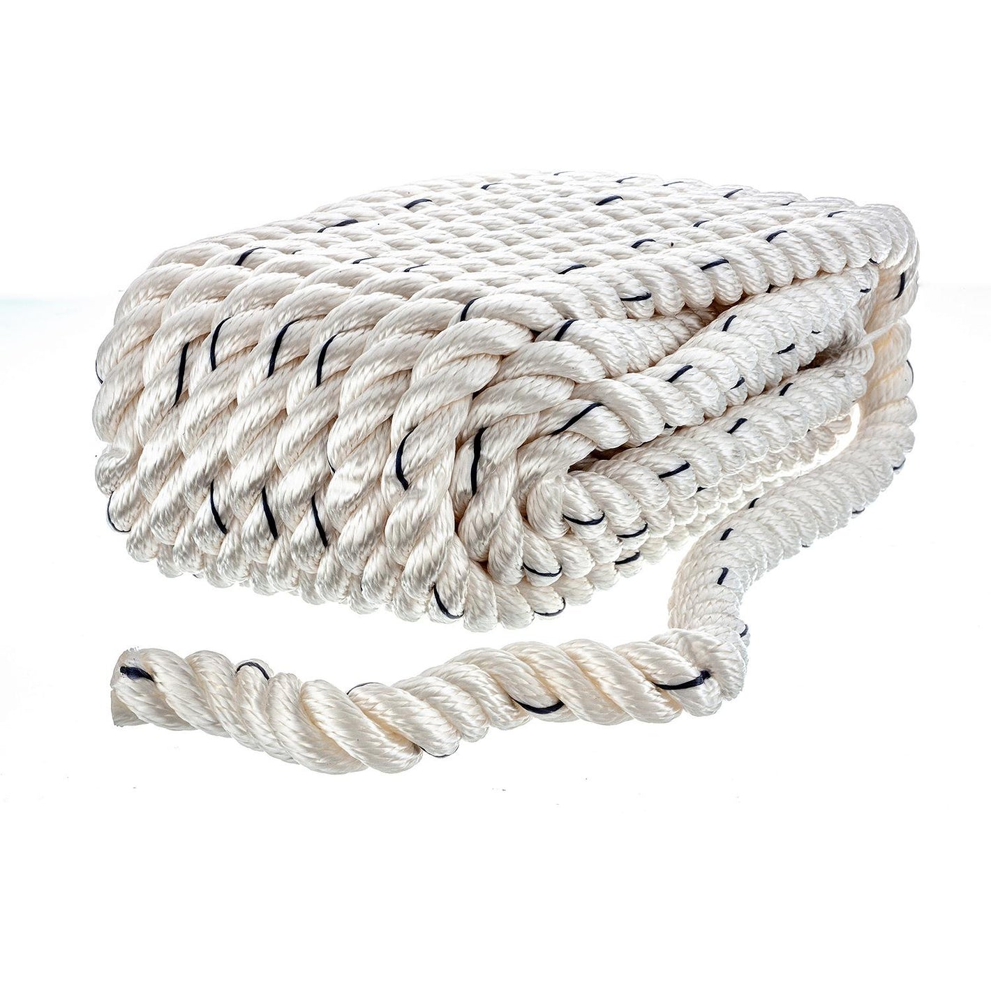Premium 3-Strand Twisted Nylon Dock Line, White w/ Blue Tracer, 5/8in x 35ft