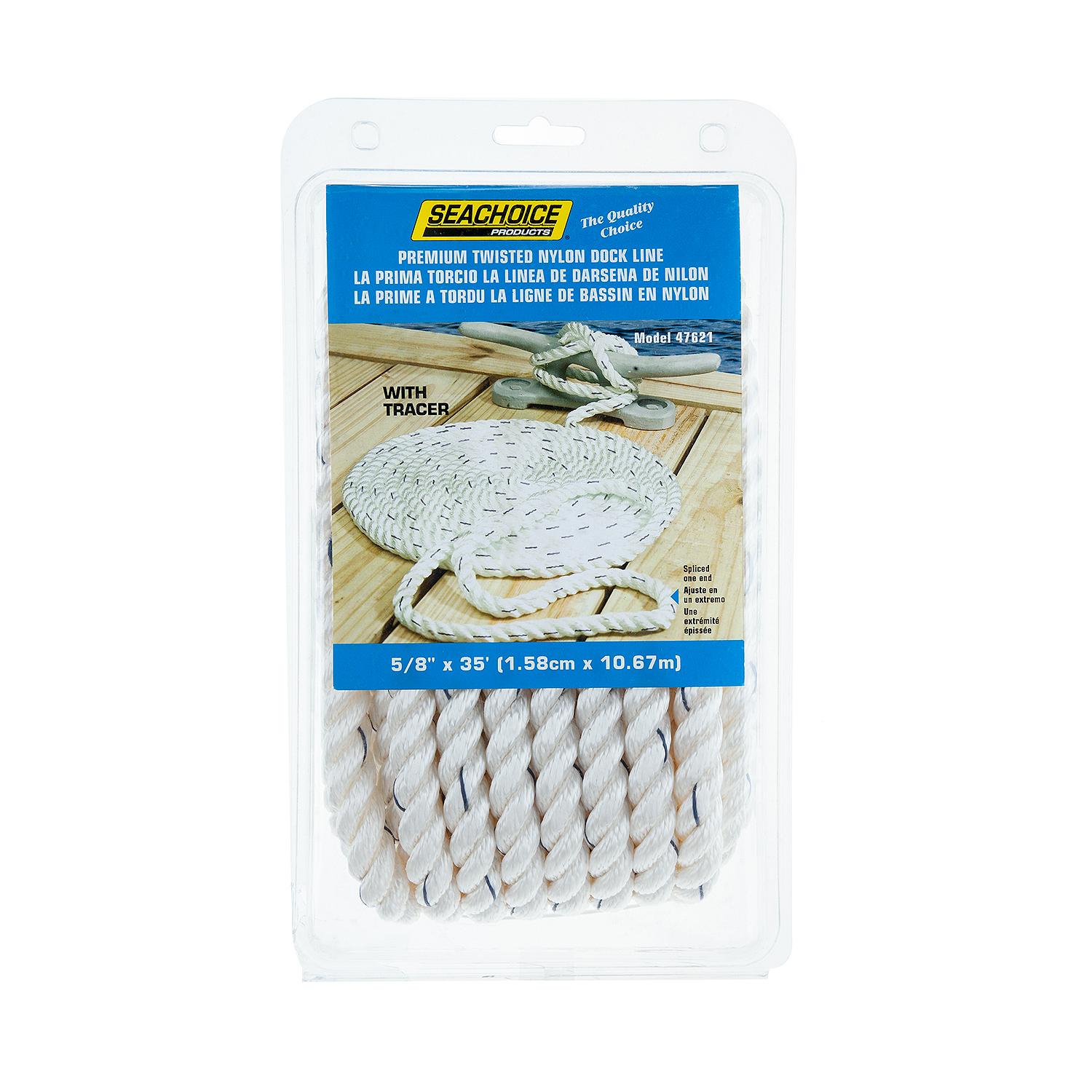 Premium 3-Strand Twisted Nylon Dock Line, White w/ Blue Tracer, 5/8in x 35ft