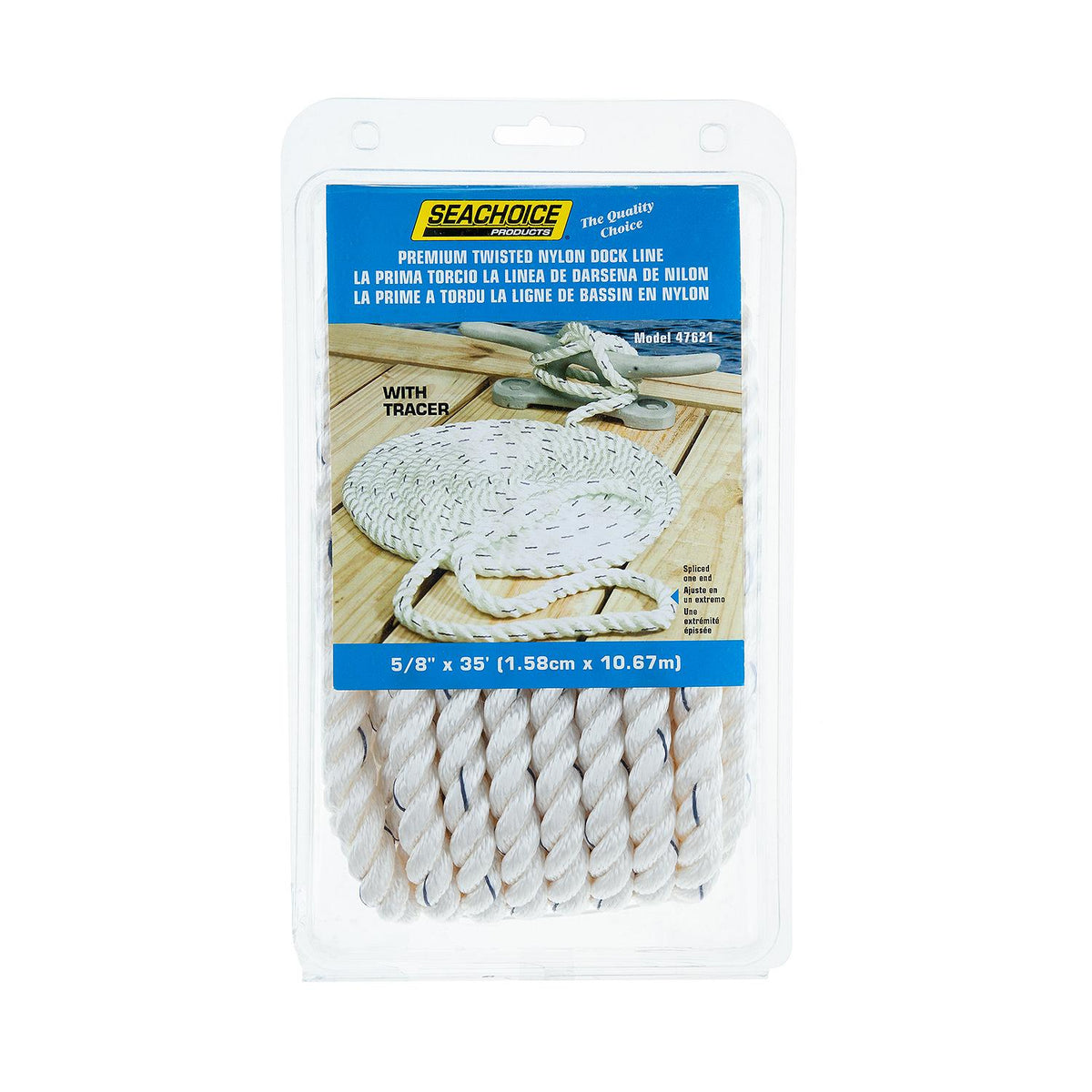 Premium 3-Strand Twisted Nylon Dock Line, White w/ Blue Tracer, 5/8in x 35ft