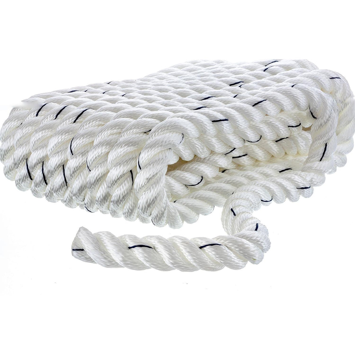 Premium 3 Strand Twisted Nylon Dock Line, White w/ Blue Tracer, 3/4in x 25ft