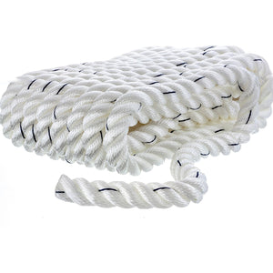 Premium 3 Strand Twisted Nylon Dock Line, White w/ Blue Tracer, 3/4in x 25ft