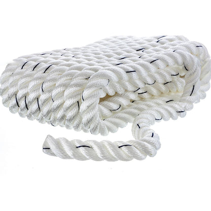 Premium 3 Strand Twisted Nylon Dock Line, White w/ Blue Tracer, 3/4in x 25ft