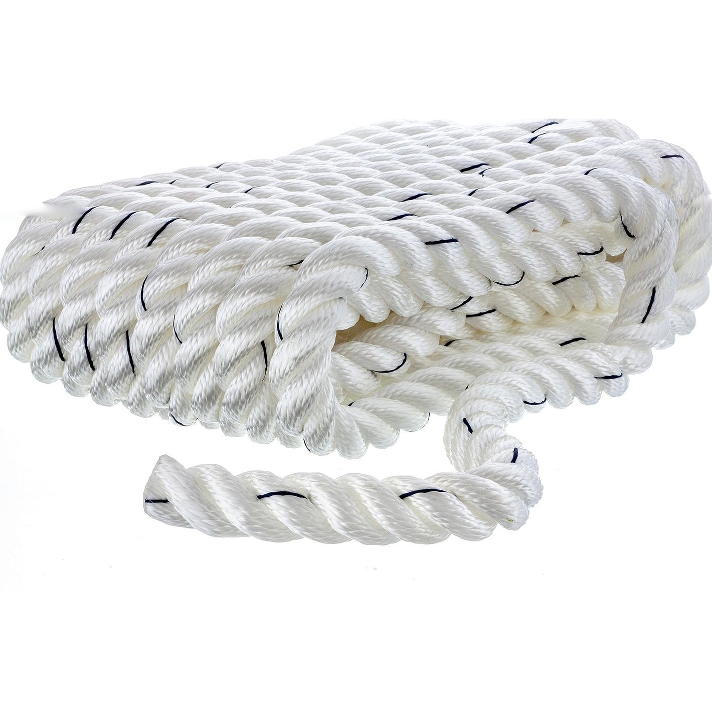 Premium 3 Strand Twisted Nylon Dock Line, White w/ Blue Tracer, 3/4in x 25ft