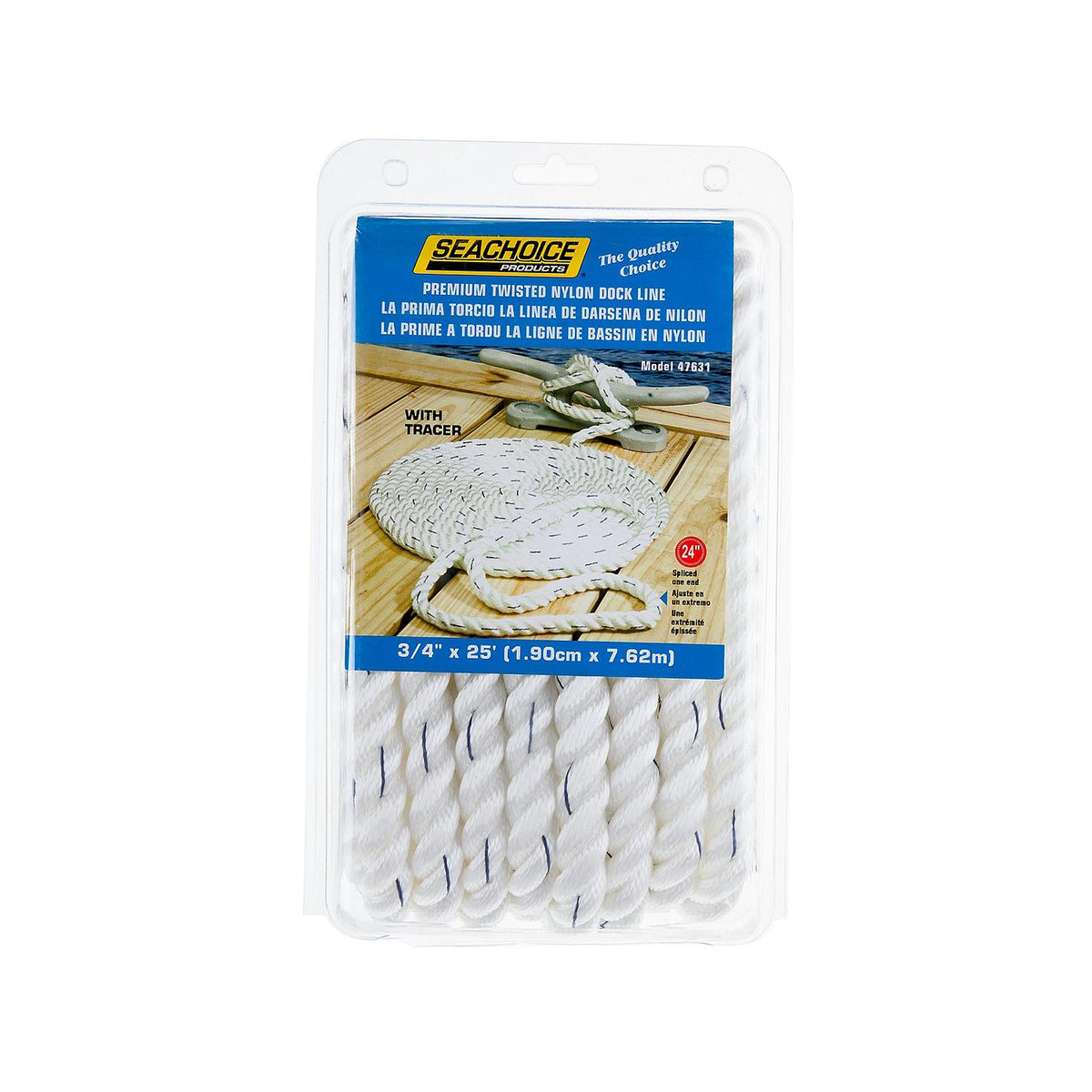 Premium 3 Strand Twisted Nylon Dock Line, White w/ Blue Tracer, 3/4in x 25ft