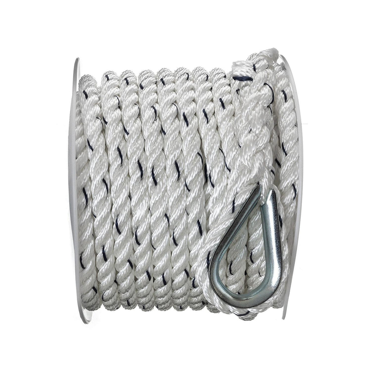 Premium 3-Strand Twisted Nylon Anchor Line, White w/ Blue Tracer, 3/8in x 50ft