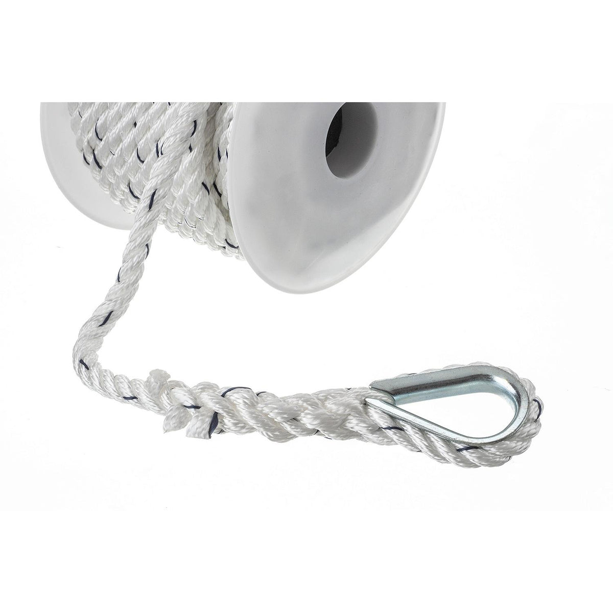 Premium 3-Strand Twisted Nylon Anchor Line, White w/ Blue Tracer, 3/8in x 50ft