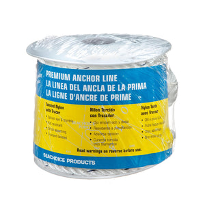 Premium 3-Strand Twisted Nylon Anchor Line, White w/ Blue Tracer, 3/8in x 50ft