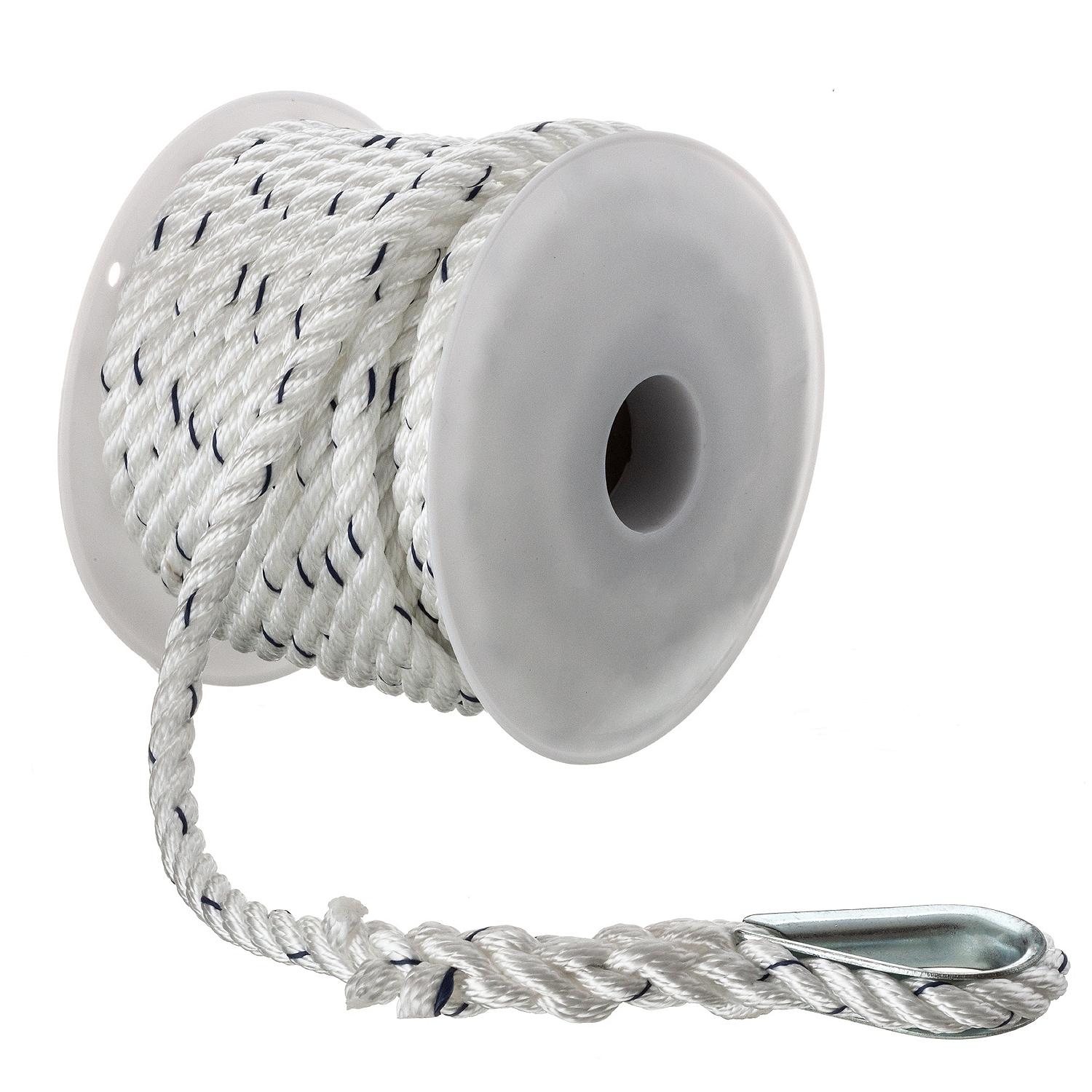Premium 3-Strand Twisted Nylon Anchor Line, White w/ Blue Tracer, 3/8in x 50ft