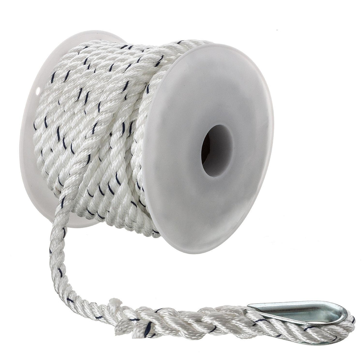 Premium 3-Strand Twisted Nylon Anchor Line, White w/ Blue Tracer, 3/8in x 50ft