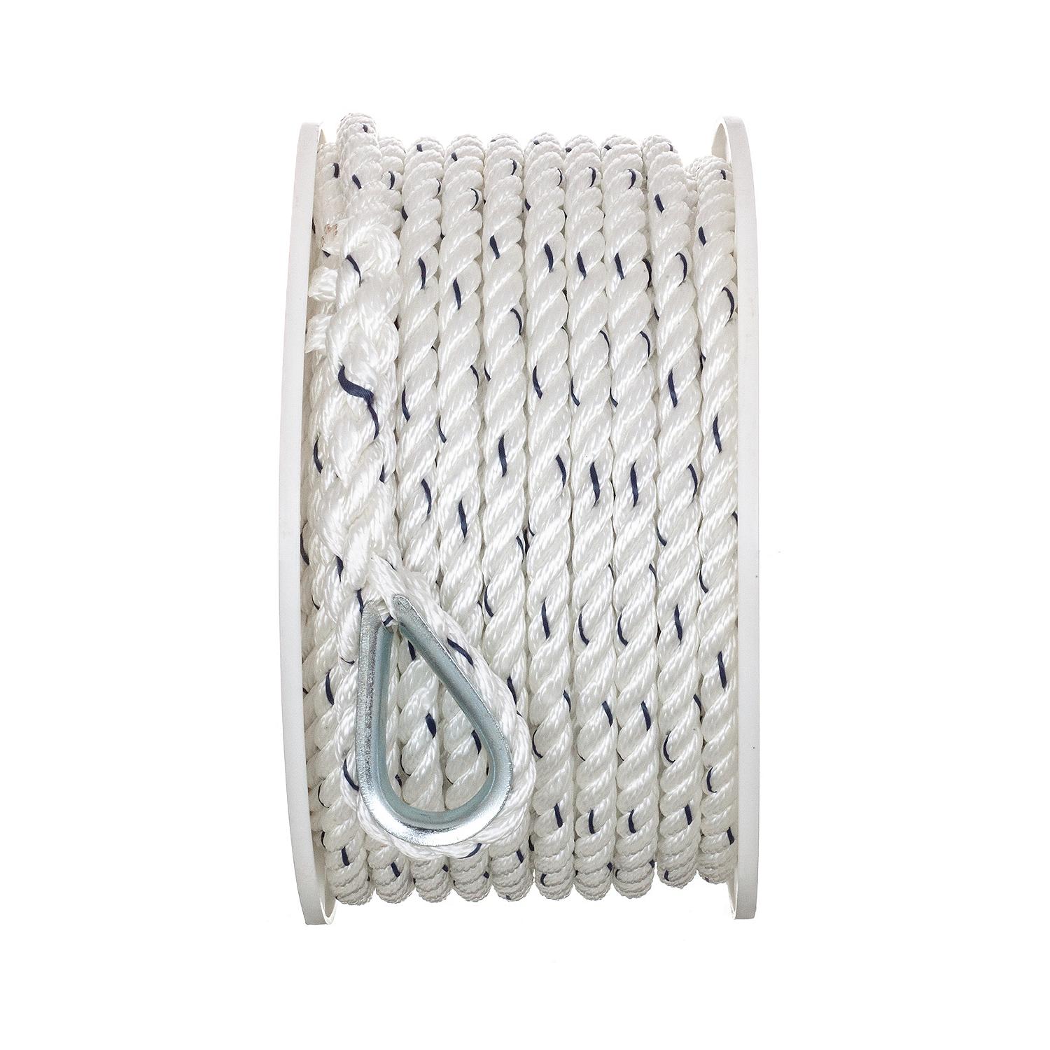 Premium 3-Strand Twisted Nylon Anchor Line, White w/ Blue Tracer, 3/8in x 100ft