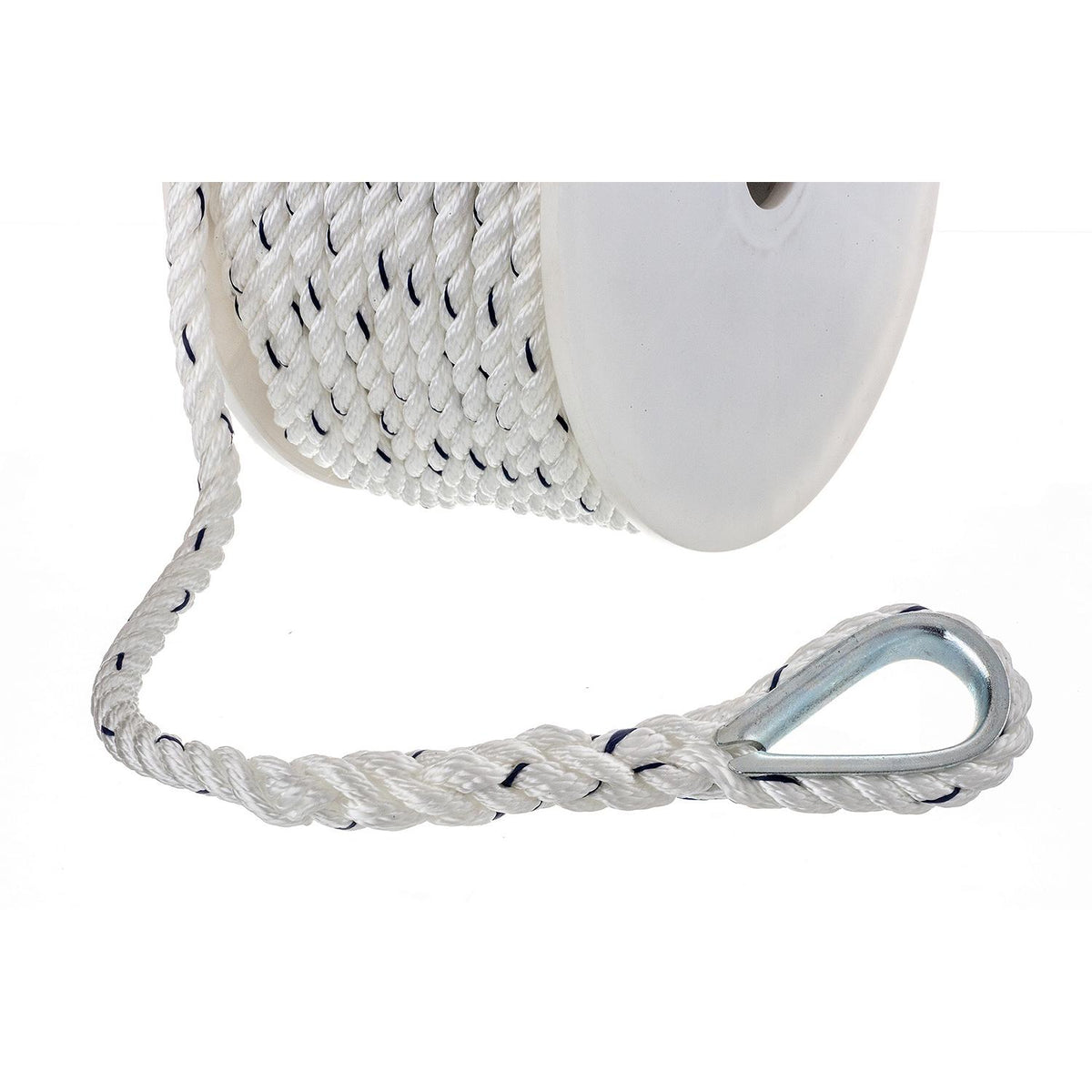 Premium 3-Strand Twisted Nylon Anchor Line, White w/ Blue Tracer, 3/8in x 100ft
