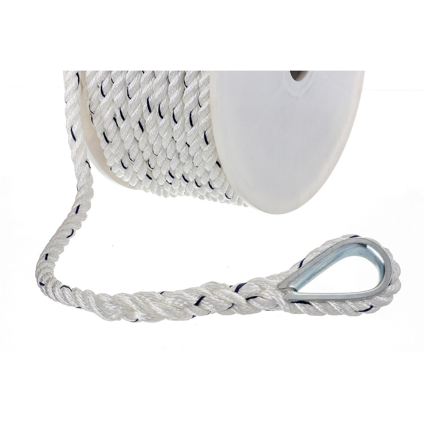 Premium 3-Strand Twisted Nylon Anchor Line, White w/ Blue Tracer, 3/8in x 100ft