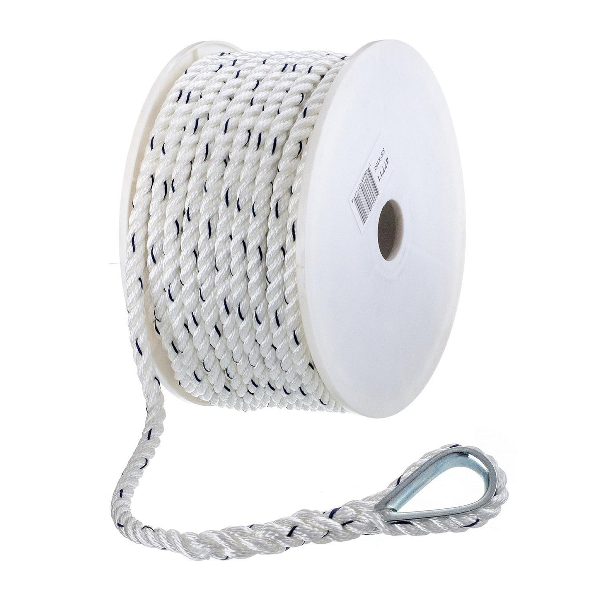 Premium 3-Strand Twisted Nylon Anchor Line, White w/ Blue Tracer, 3/8in x 100ft