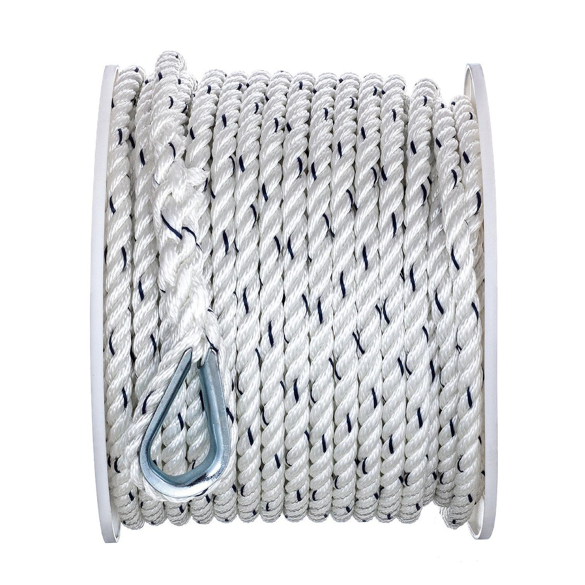 Premium 3-Strand Twisted Nylon Anchor Line, White w/ Blue Tracer, 3/8in x 150ft