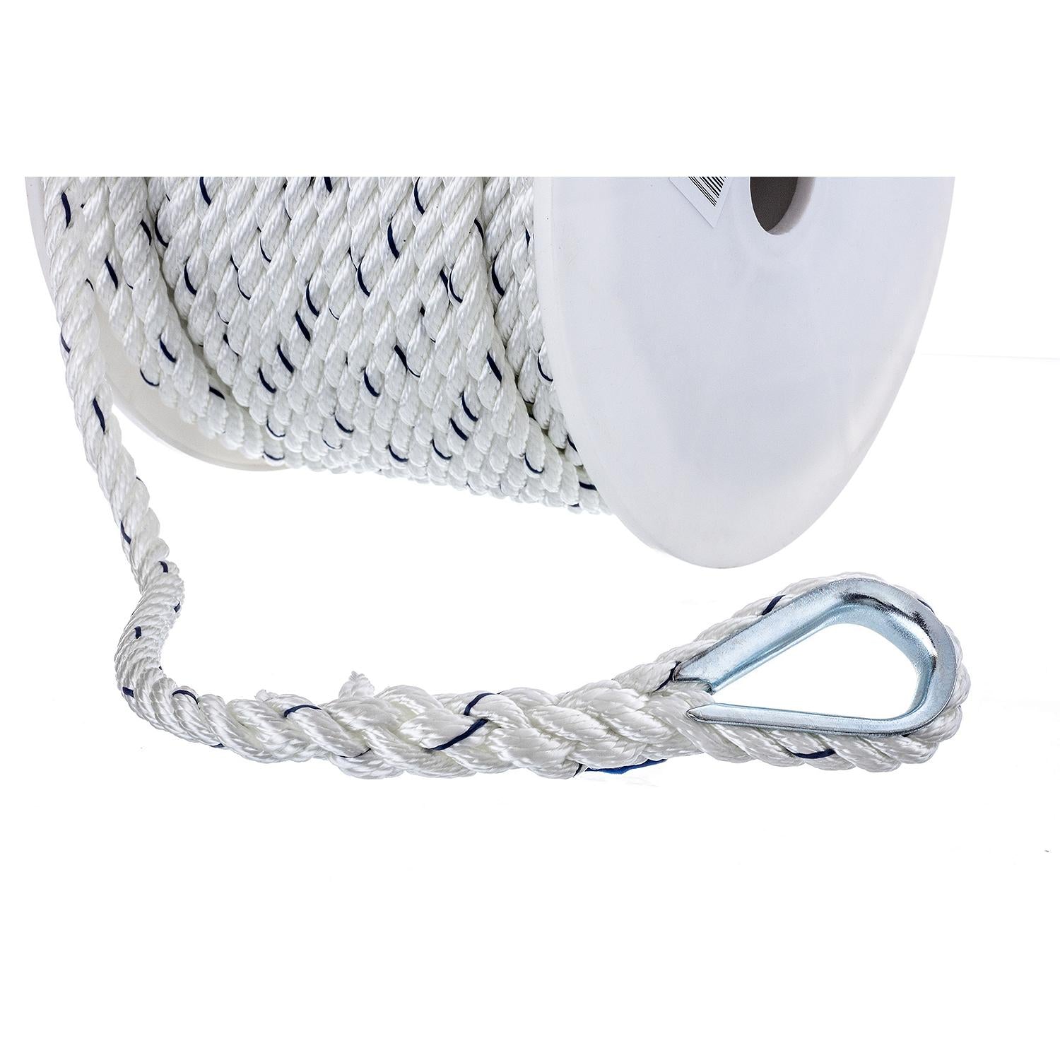 Premium 3-Strand Twisted Nylon Anchor Line, White w/ Blue Tracer, 3/8in x 150ft
