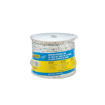 Premium 3-Strand Twisted Nylon Anchor Line, White w/ Blue Tracer, 3/8in x 150ft