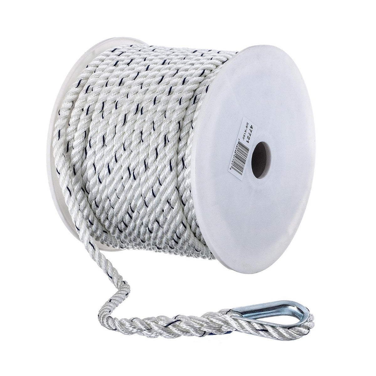Premium 3-Strand Twisted Nylon Anchor Line, White w/ Blue Tracer, 3/8in x 150ft