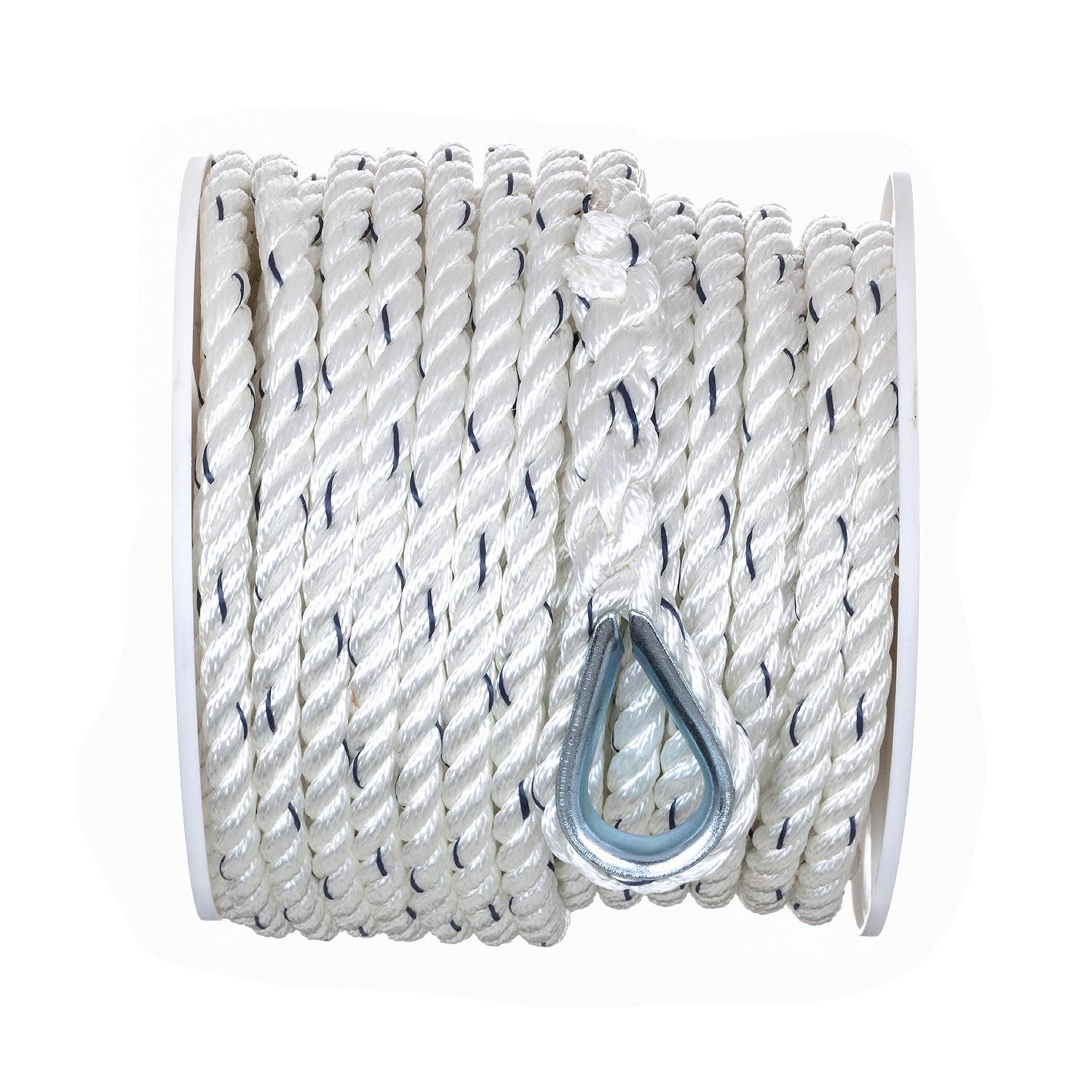 Premium 3-Strand Twisted Nylon Anchor Line, White w/ Blue Tracer, 1/2in x 100ft