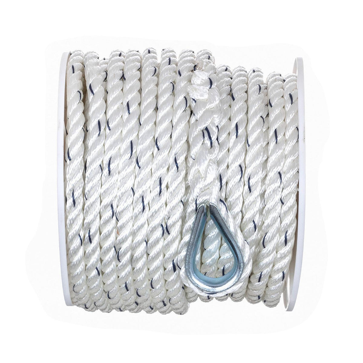 Premium 3-Strand Twisted Nylon Anchor Line, White w/ Blue Tracer, 1/2in x 100ft