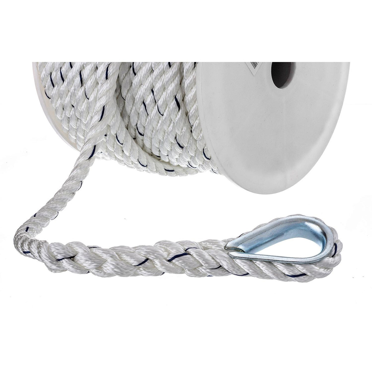 Premium 3-Strand Twisted Nylon Anchor Line, White w/ Blue Tracer, 1/2in x 100ft