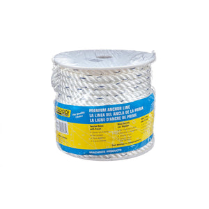 Premium 3-Strand Twisted Nylon Anchor Line, White w/ Blue Tracer, 1/2in x 100ft