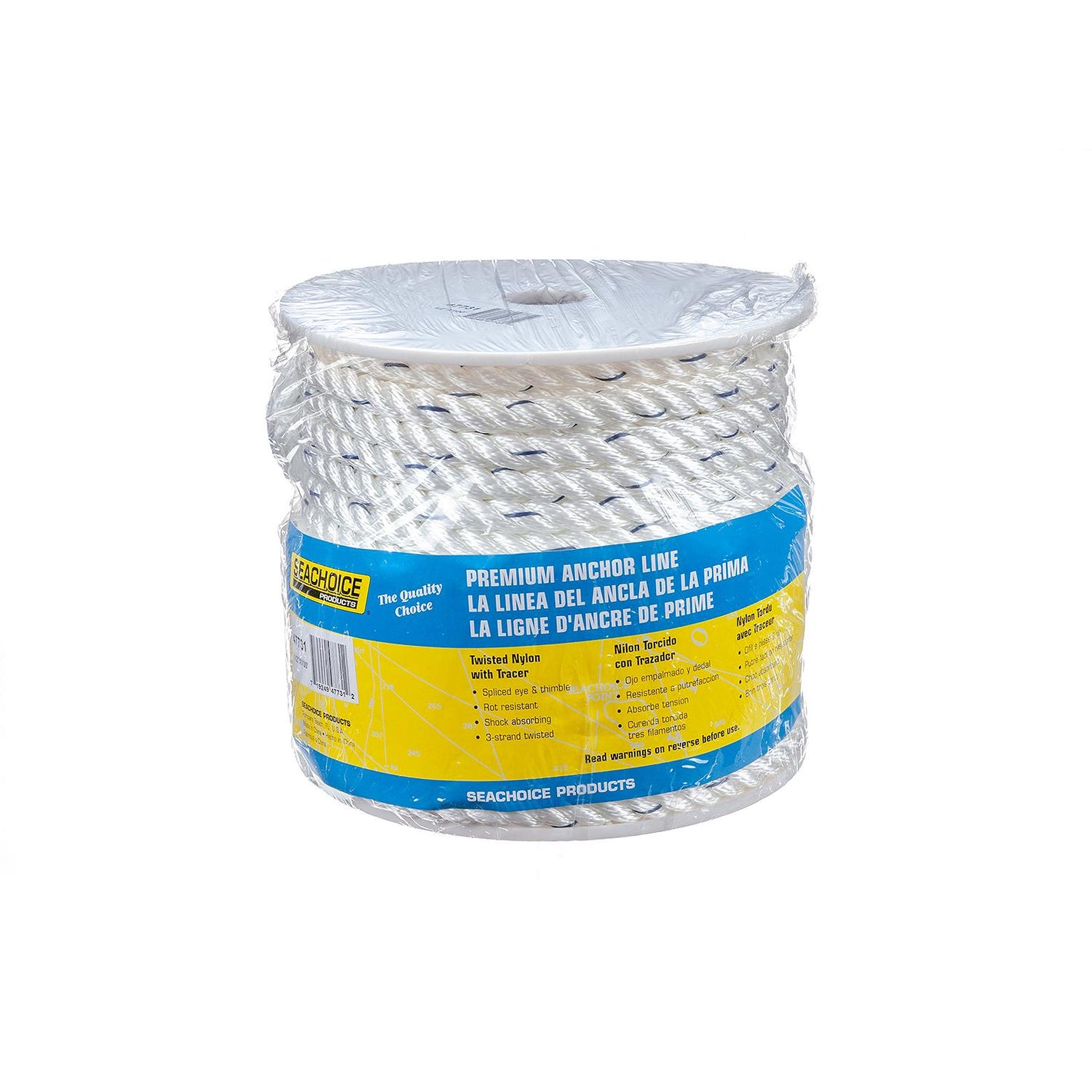 Premium 3-Strand Twisted Nylon Anchor Line, White w/ Blue Tracer, 1/2in x 100ft