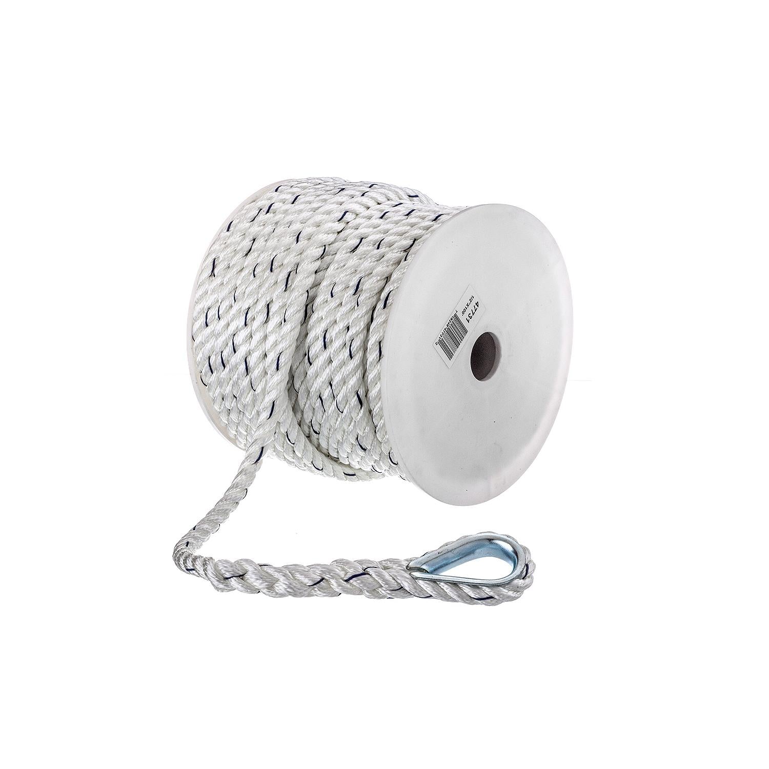 Premium 3-Strand Twisted Nylon Anchor Line, White w/ Blue Tracer, 1/2in x 100ft