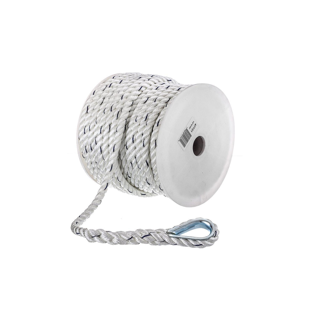Premium 3-Strand Twisted Nylon Anchor Line, White w/ Blue Tracer, 1/2in x 100ft