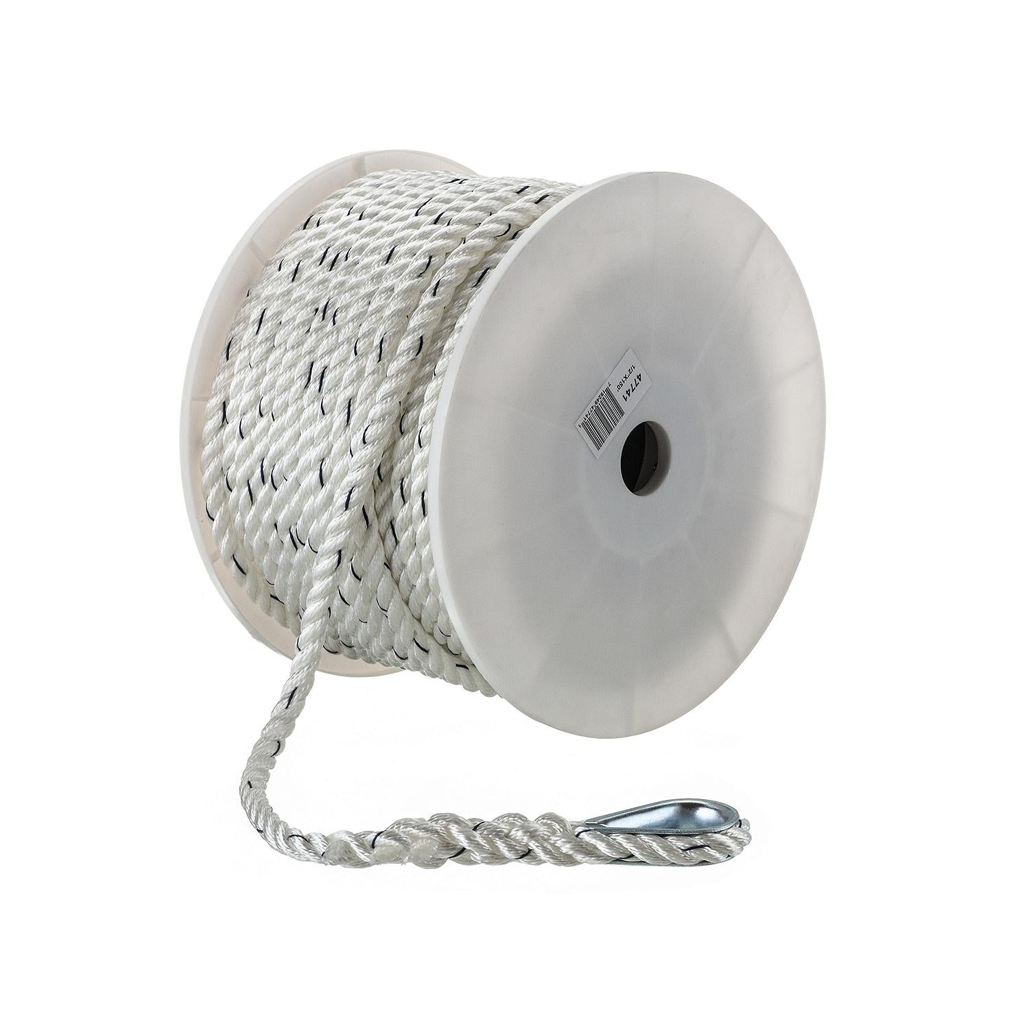 Premium 3-Strand Twisted Nylon Anchor Line, White w/ Blue Tracer, 1/2in x 150ft