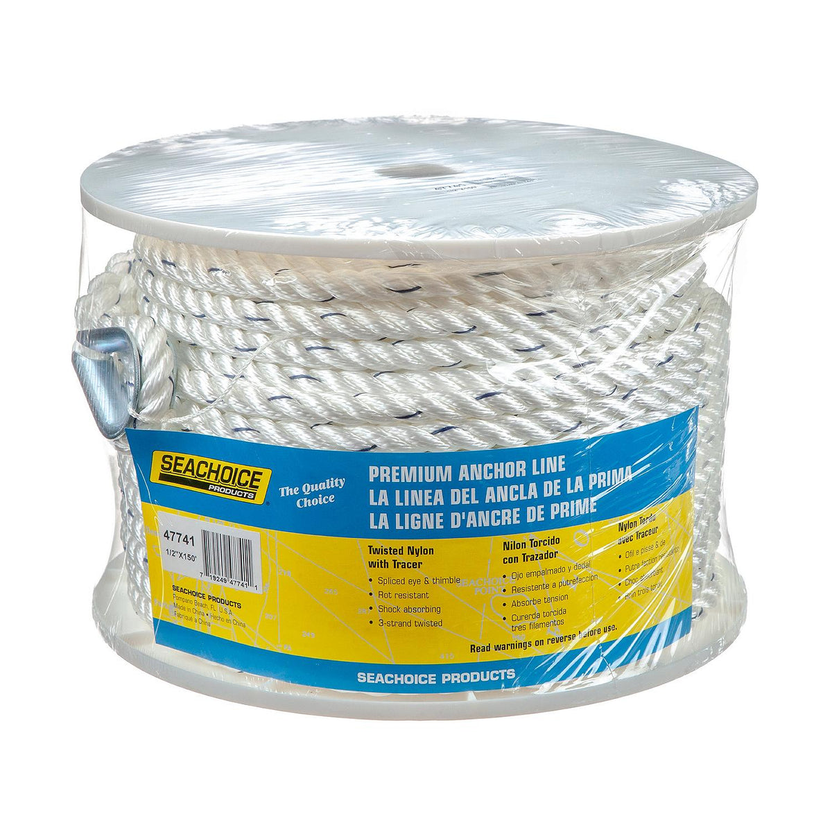 Premium 3-Strand Twisted Nylon Anchor Line, White w/ Blue Tracer, 1/2in x 150ft