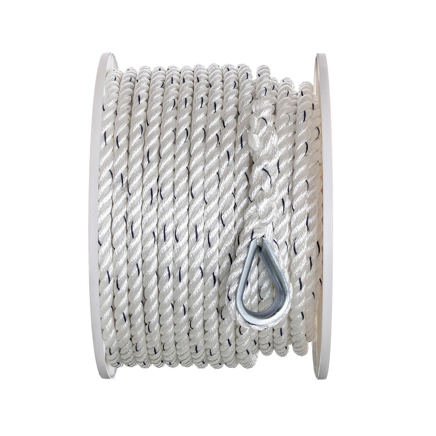 Premium 3-Strand Twisted Nylon Anchor Line, White w/ Blue Tracer, 1/2in x 150ft