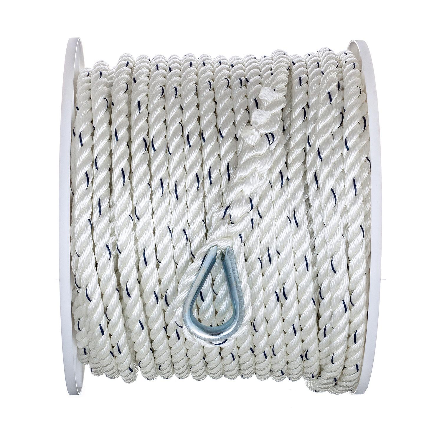 Premium 3-Strand Twisted Nylon Anchor Line, White w/ Blue Tracer, 1/2in x 200ft