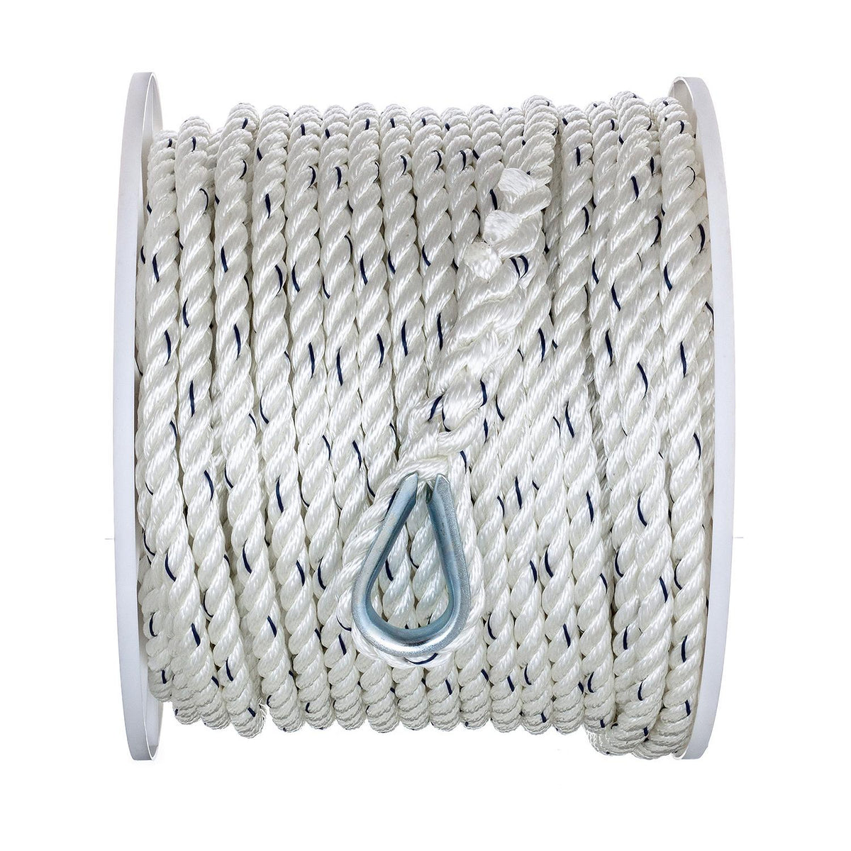 Premium 3-Strand Twisted Nylon Anchor Line, White w/ Blue Tracer, 1/2in x 200ft