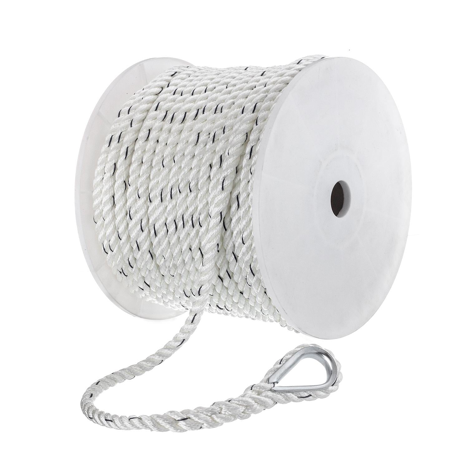 Premium 3-Strand Twisted Nylon Anchor Line, White w/ Blue Tracer, 1/2in x 200ft