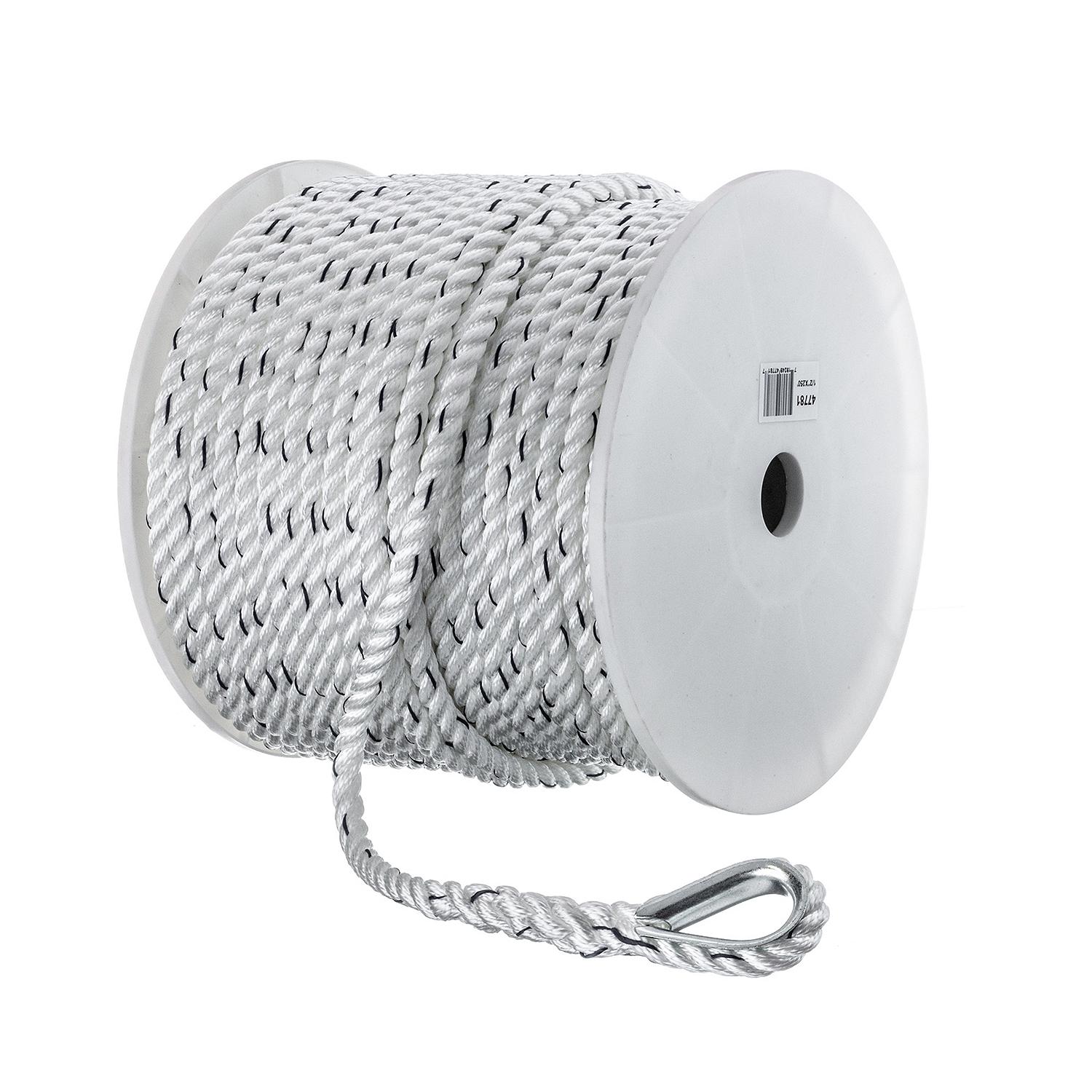 Premium 3-Strand Twisted Nylon Anchor Line, White w/ Blue Tracer, 1/2in x 250ft