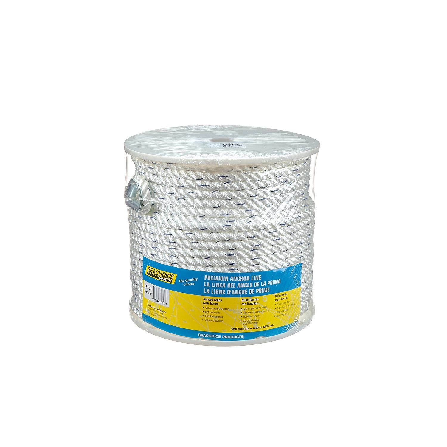 Premium 3-Strand Twisted Nylon Anchor Line, White w/ Blue Tracer, 1/2in x 250ft