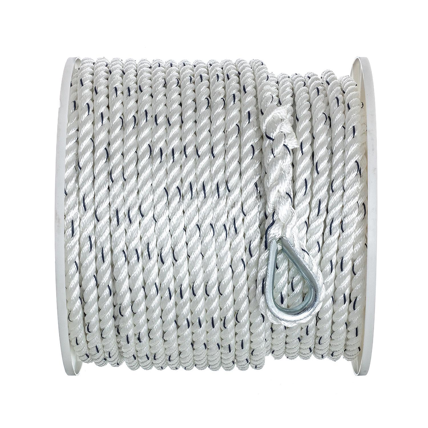 Premium 3-Strand Twisted Nylon Anchor Line, White w/ Blue Tracer, 1/2in x 250ft