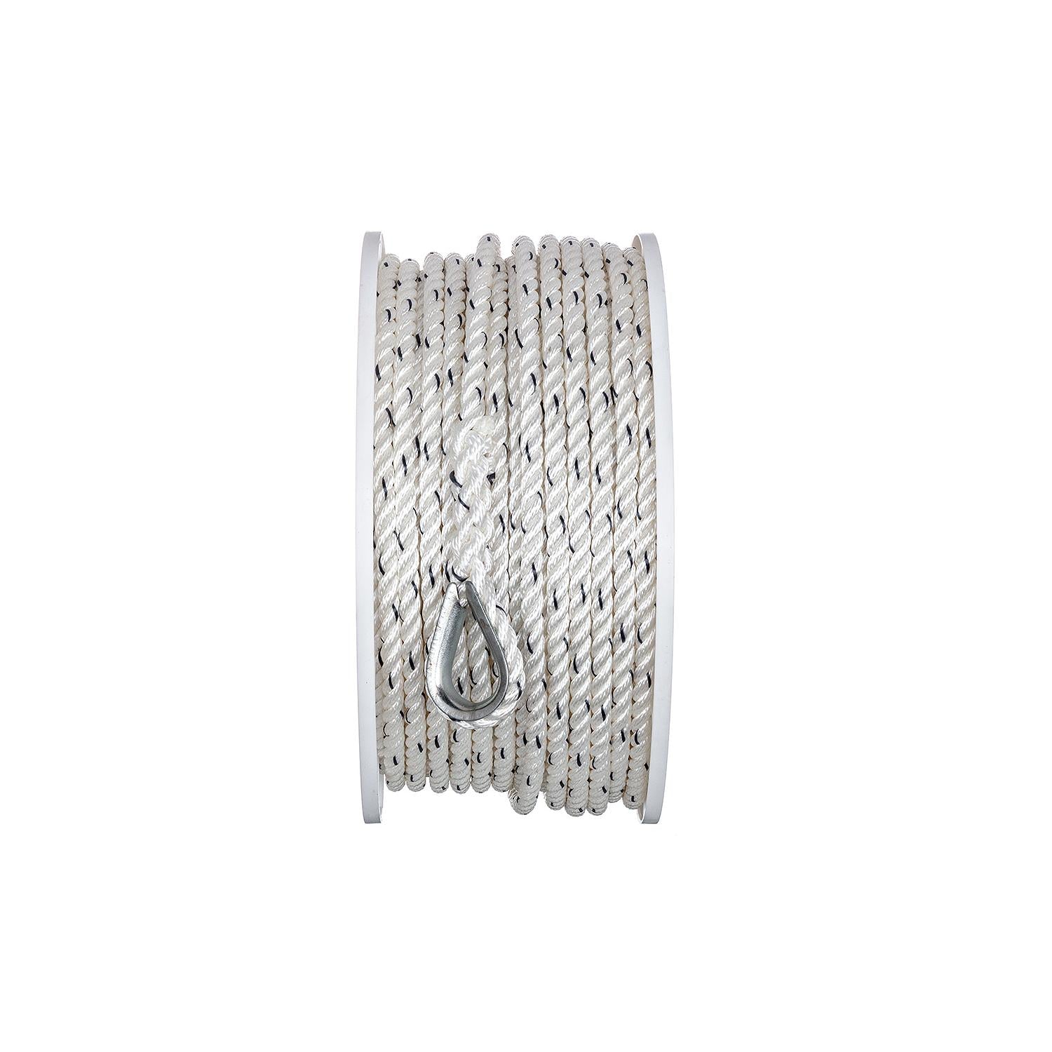 Premium 3-Strand Twisted Nylon Anchor Line, White w/ Blue Tracer, 3/8in x 200ft