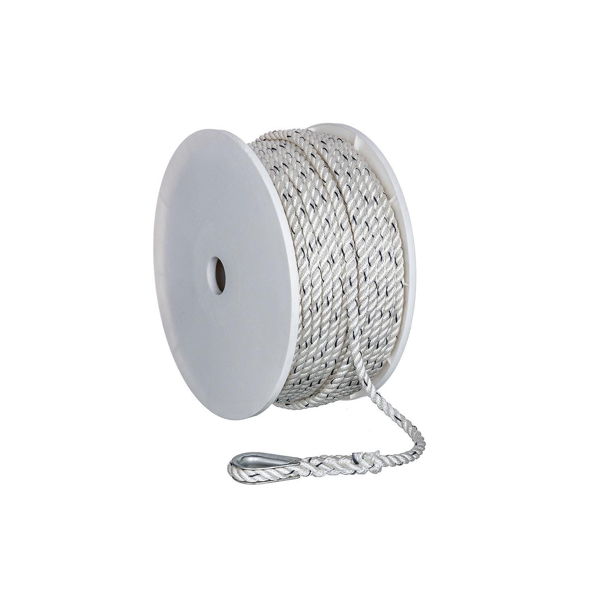 Premium 3-Strand Twisted Nylon Anchor Line, White w/ Blue Tracer, 3/8in x 200ft