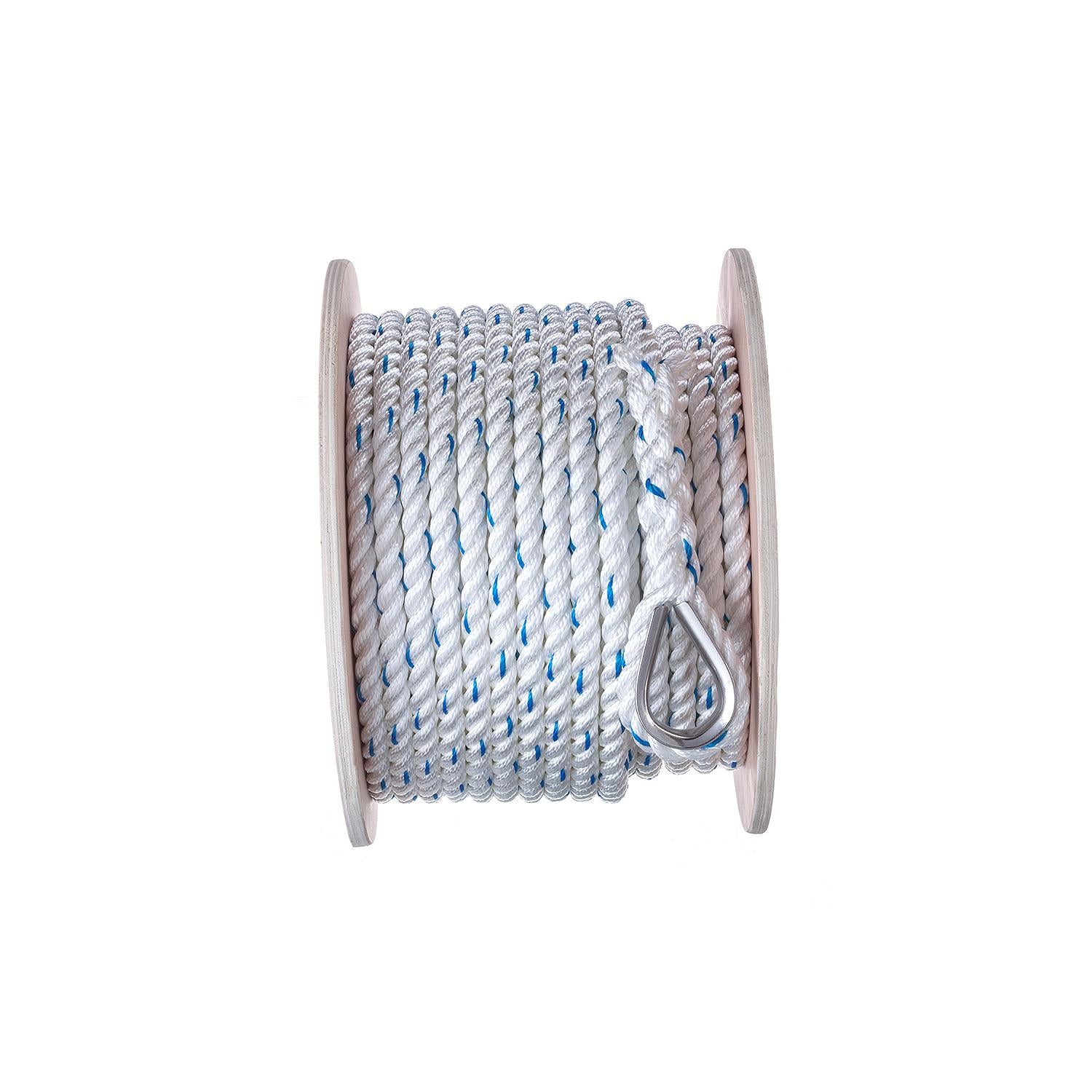 Premium 3-Strand Twisted Nylon Anchor Line, White w/ Blue Tracer, 5/8in x 200ft