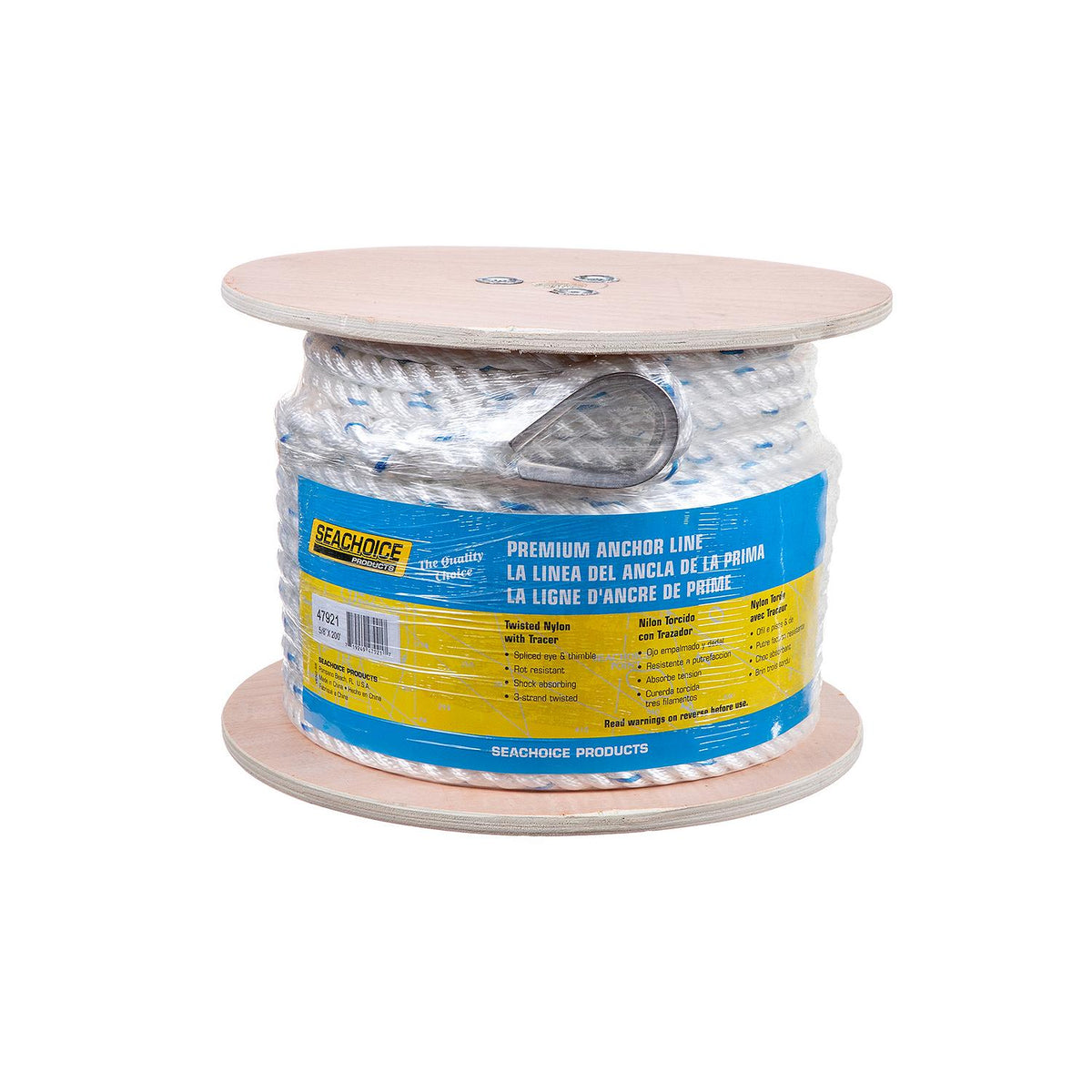 Premium 3-Strand Twisted Nylon Anchor Line, White w/ Blue Tracer, 5/8in x 200ft