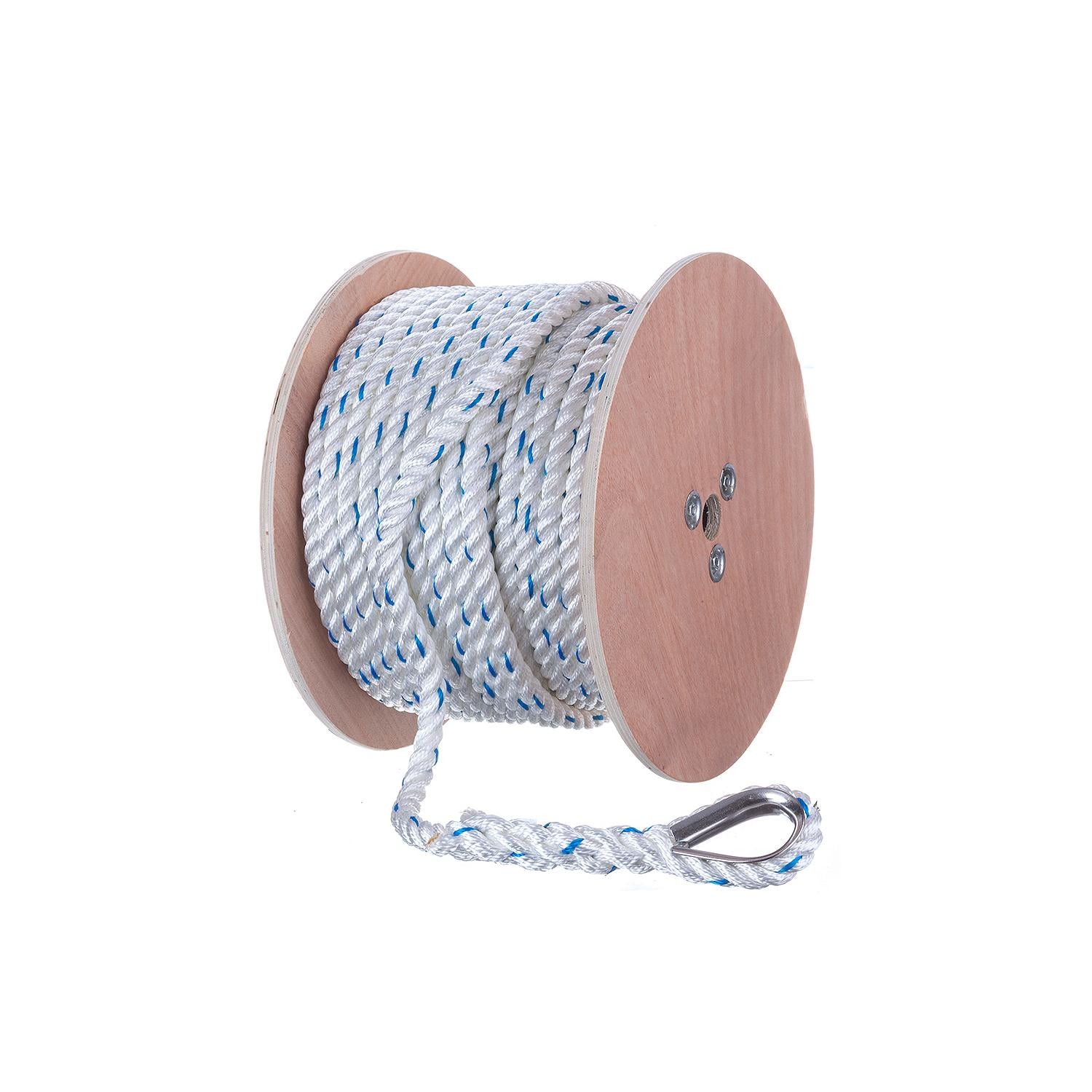 Premium 3-Strand Twisted Nylon Anchor Line, White w/ Blue Tracer, 5/8in x 200ft