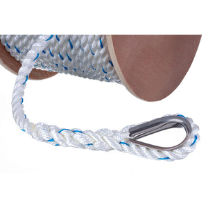 Premium 3-Strand Twisted Nylon Anchor Line, White w/ Blue Tracer, 5/8in x 250ft