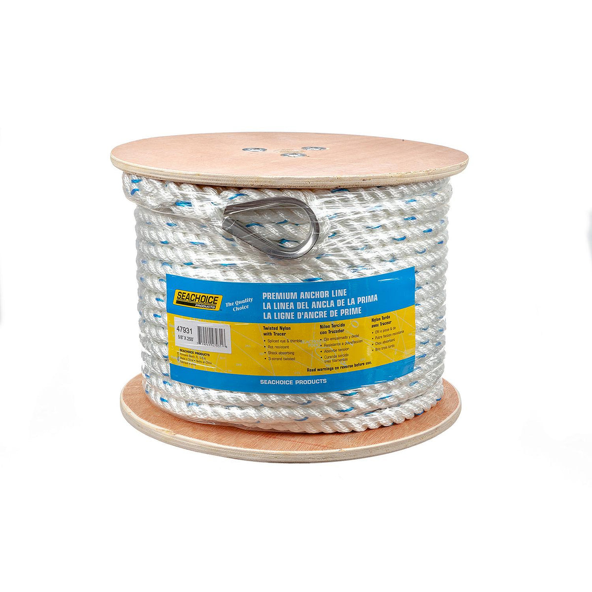 Premium 3-Strand Twisted Nylon Anchor Line, White w/ Blue Tracer, 5/8in x 250ft