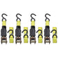 Ratchet Tie-Downs, 1inx 15ft,  4-Pack, 4/PK